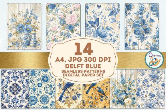 A4 Digital Papers Set: Vintage Delft Blu for Timeless Design