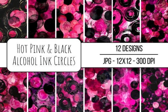 Hot Pink & Black Alcohol Ink Circles: Bold Digital Backgrounds