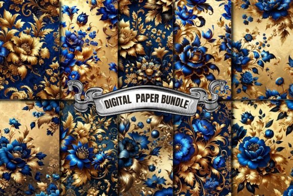 Royal Blue and Gold Floral Digital Paper: A Designer's Asset